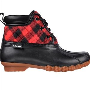 Red and black plaid Sketchers duck boots